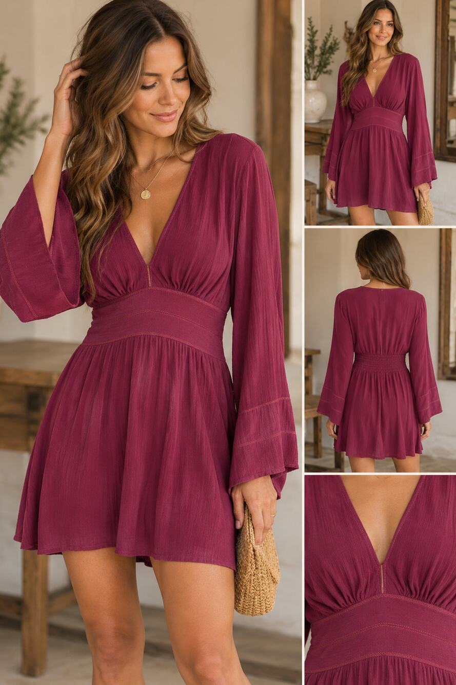 ViX Paula Hermanny Womens S Berry / Plum V Neck Mini Dress Bell Sleeve